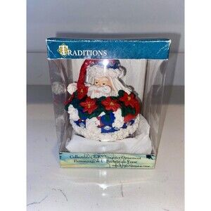 Traditions Collectible Glass Santa Claus Character Ornament with Poinsettias NEW